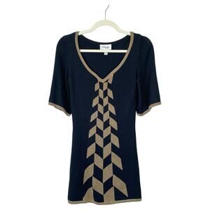 TEMPERLY LONDON Black Silk Knit Mini Dress Gold Metallic Geometric Size 2